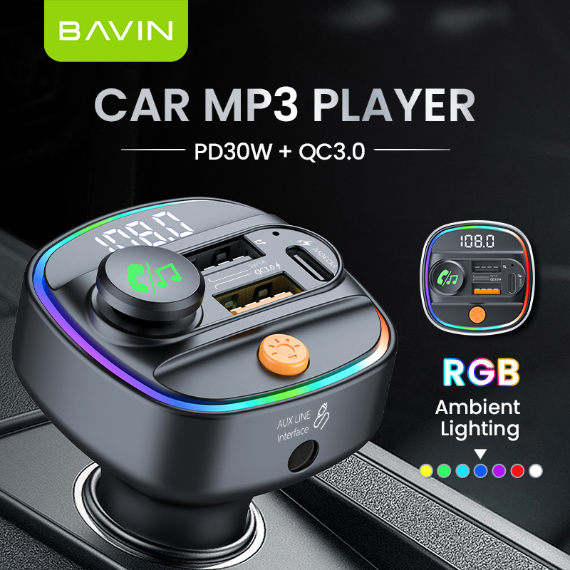 BAVIN PC2012 PD30W QC multi-function RGB light car wireless blue tooth MP3 player mobile phone usb car charger