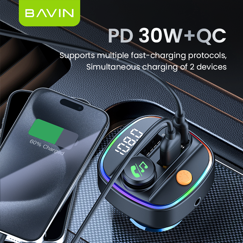 BAVIN PC2012 PD30W QC multi-function RGB light car wireless blue tooth MP3 player mobile phone usb car charger