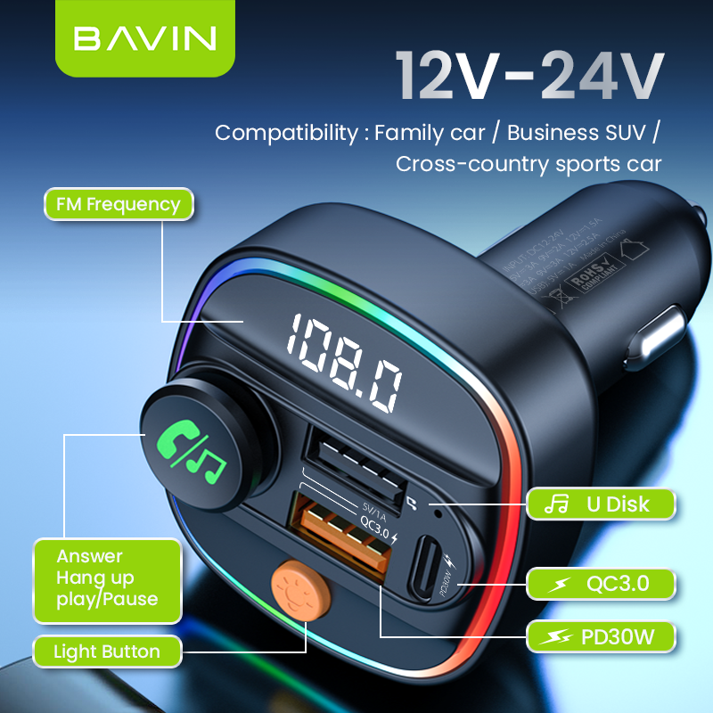 BAVIN PC2012 PD30W QC multi-function RGB light car wireless blue tooth MP3 player mobile phone usb car charger