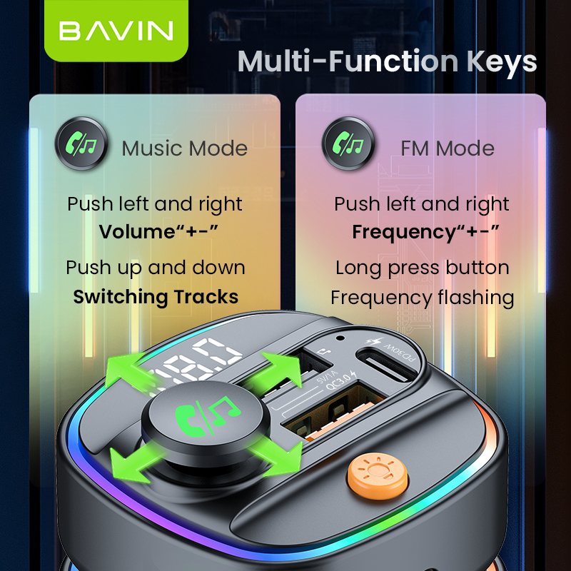 BAVIN PC2012 PD30W QC multi-function RGB light car wireless blue tooth MP3 player mobile phone usb car charger