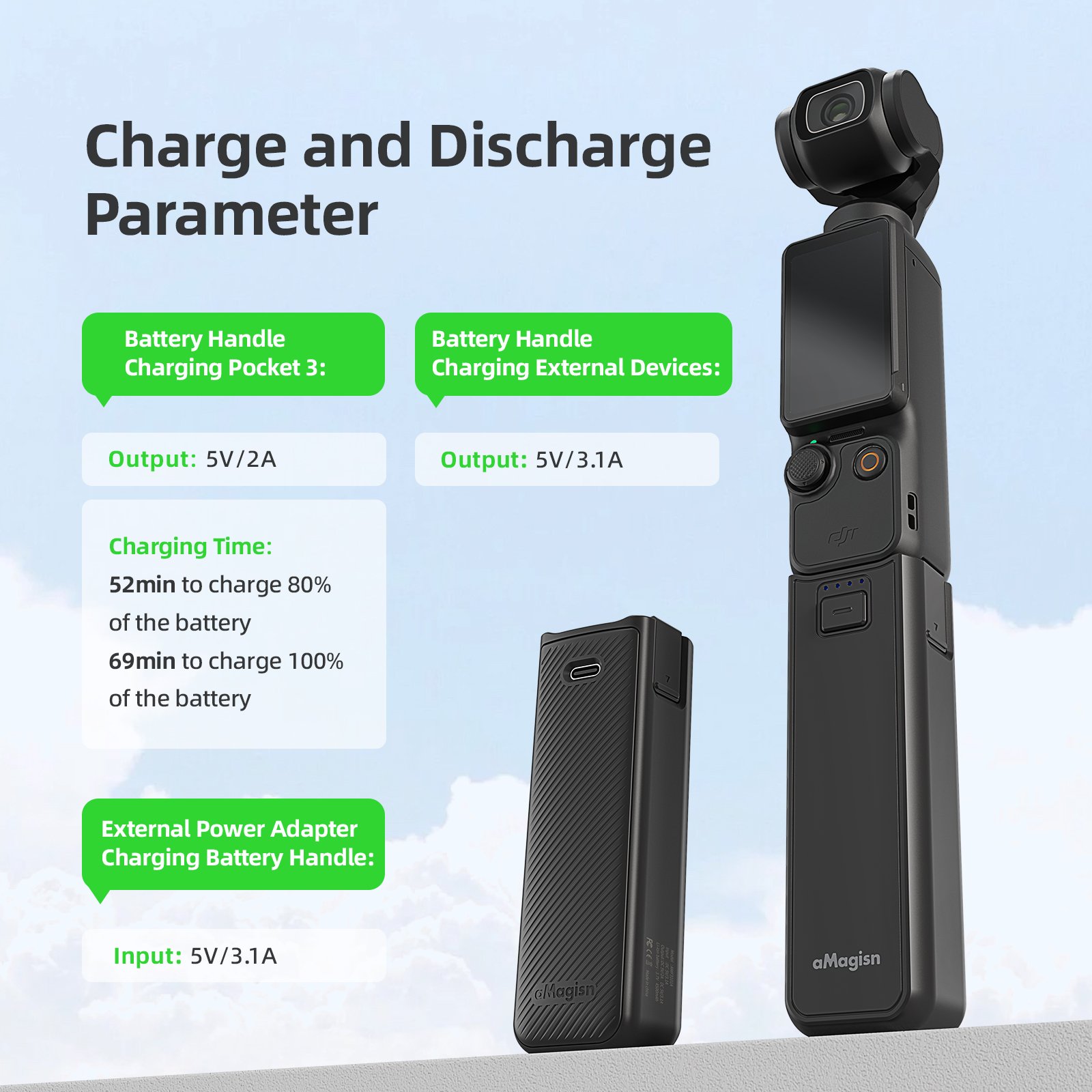 aMagisn Portable Battery Handle for DJI Osmo Pocket3 Handheld Power Bank Camera Charger Accessories Built-in 4500mAh Battery
