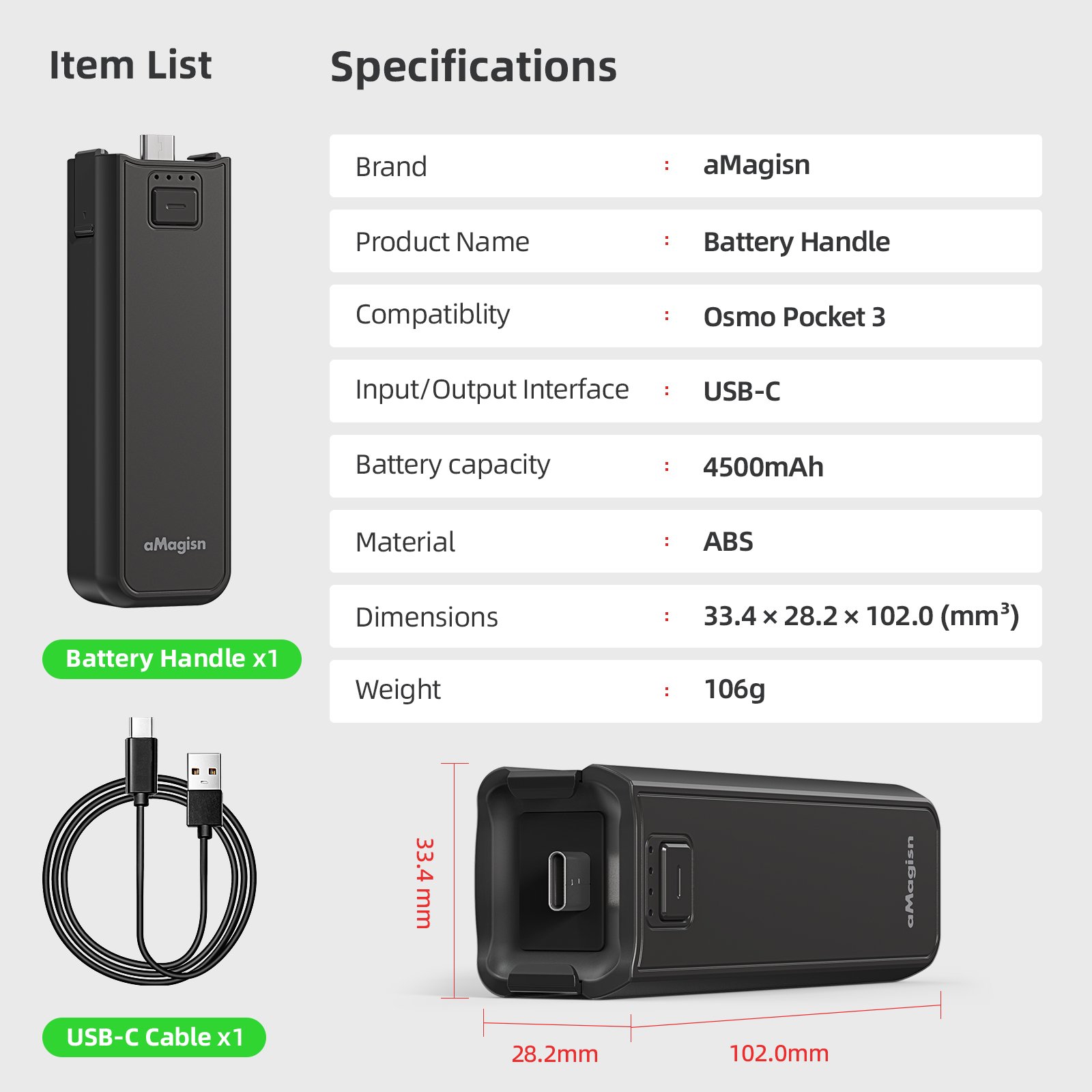 aMagisn Portable Battery Handle for DJI Osmo Pocket3 Handheld Power Bank Camera Charger Accessories Built-in 4500mAh Battery