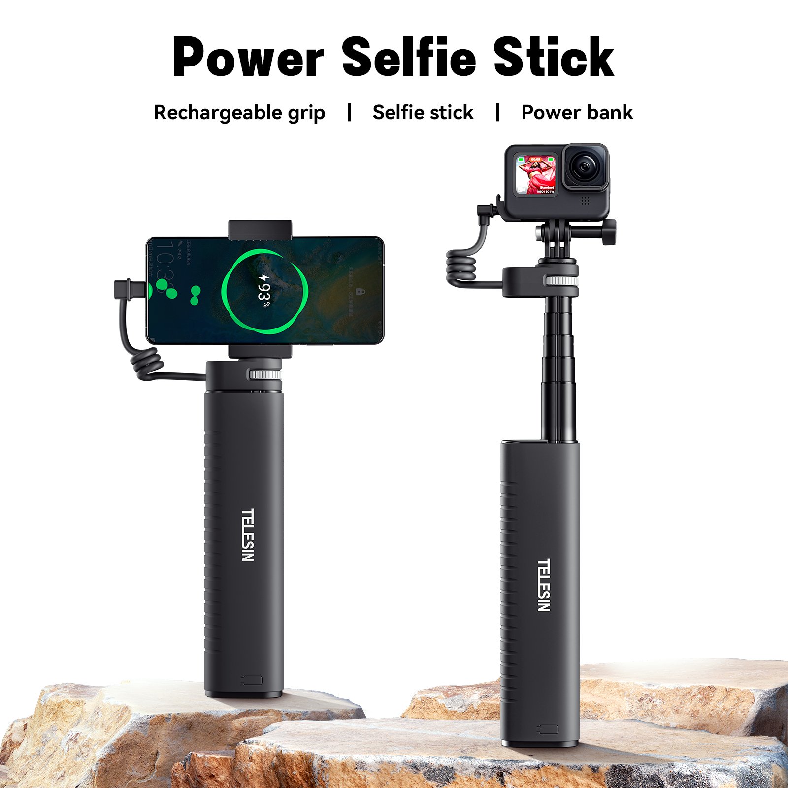 Telesin 18W PD Charger 10000mAh Rechargeable 0.9m Selfie Stick for GoPro/Mobilephones/other camera accessories