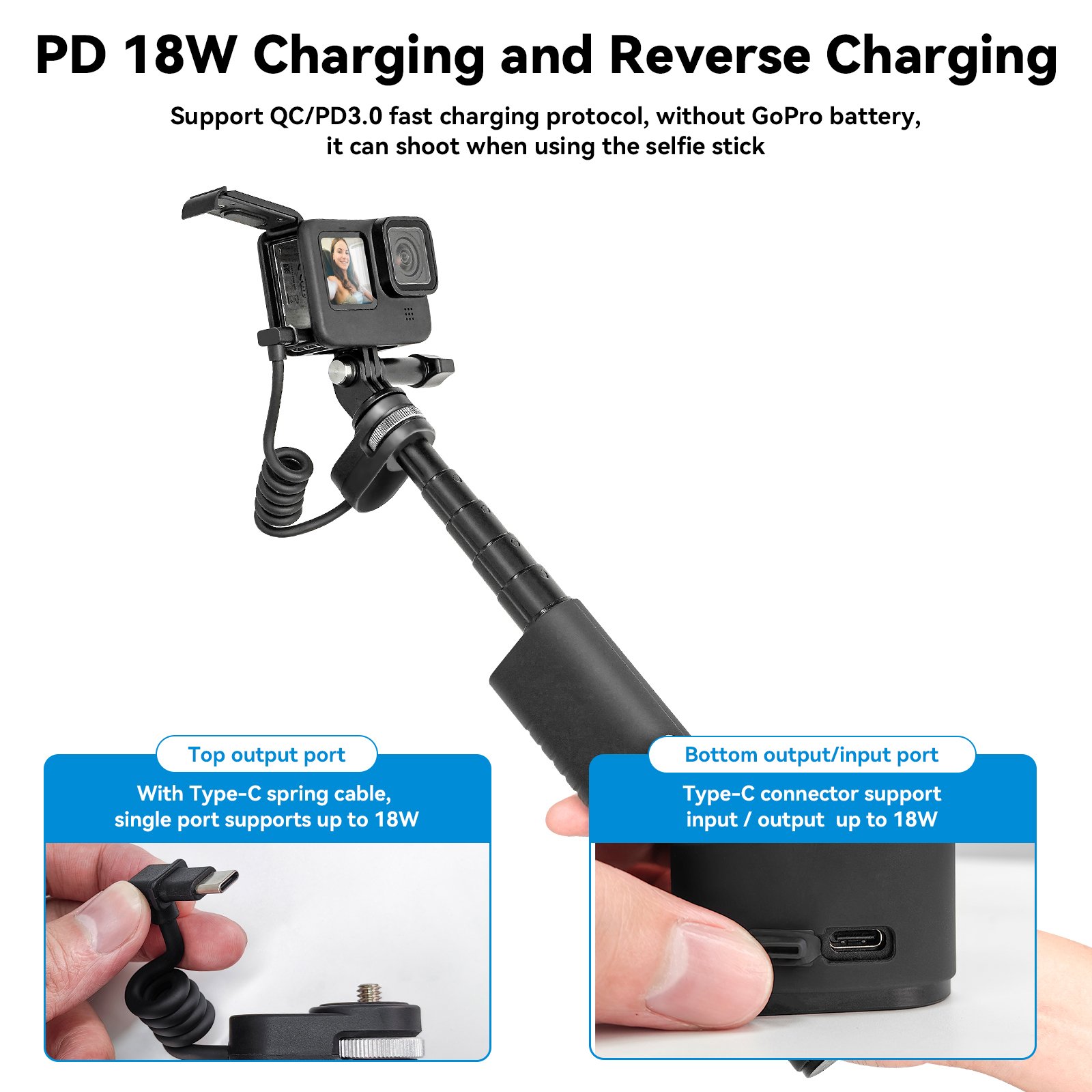 Telesin 18W PD Charger 10000mAh Rechargeable 0.9m Selfie Stick for GoPro/Mobilephones/other camera accessories