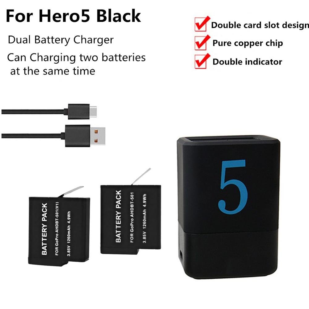 Action Camera Replacement USB GoPro battery 2 Pack 1220mAh Lithium Battery for GoPro 5 6 7 Camera accessories
