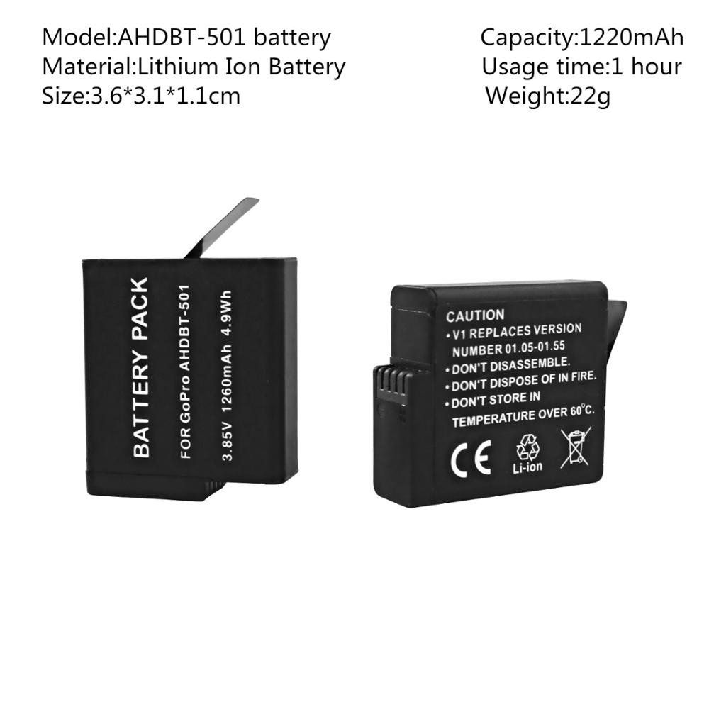 Action Camera Replacement USB GoPro battery 2 Pack 1220mAh Lithium Battery for GoPro 5 6 7 Camera accessories
