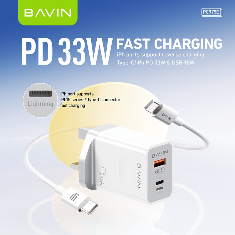 BAVIN wholesale durable PC975E QC3.0 PD 33w usb c wall mobile phone fast charging charger