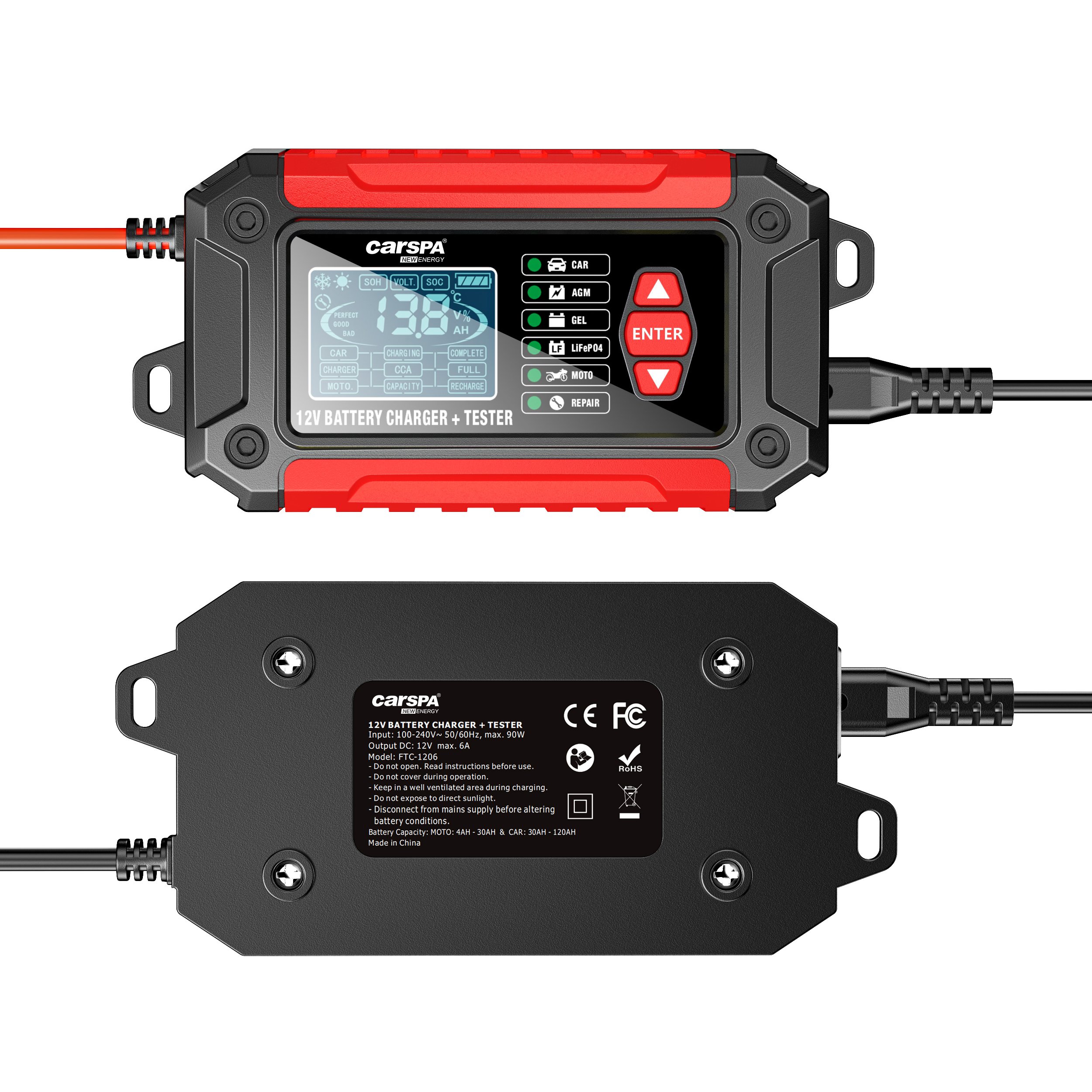 Carspa 12V 6A Car Motorcycle battery Charger With Test And Pulse Repair Function