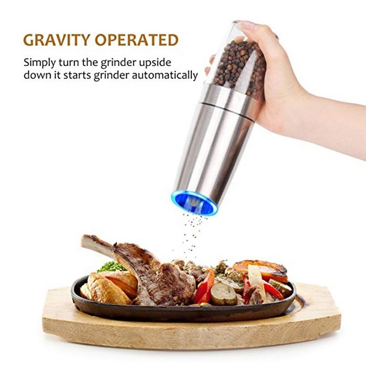 Manufactures Hot sale Gravity Battery Operated Electric Salt and Pepper Grinder Pepper Mill with Blue LED Light
