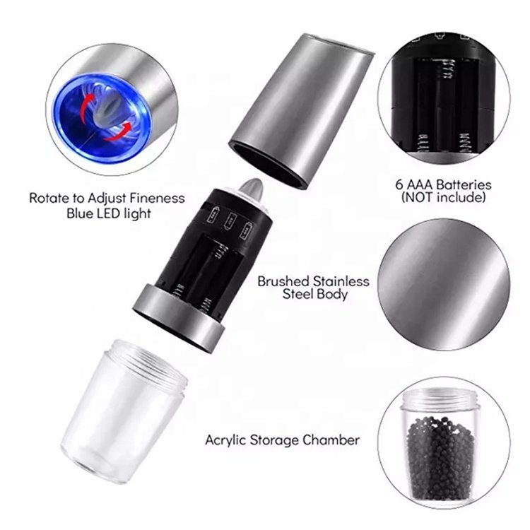Manufactures Hot sale Gravity Battery Operated Electric Salt and Pepper Grinder Pepper Mill with Blue LED Light