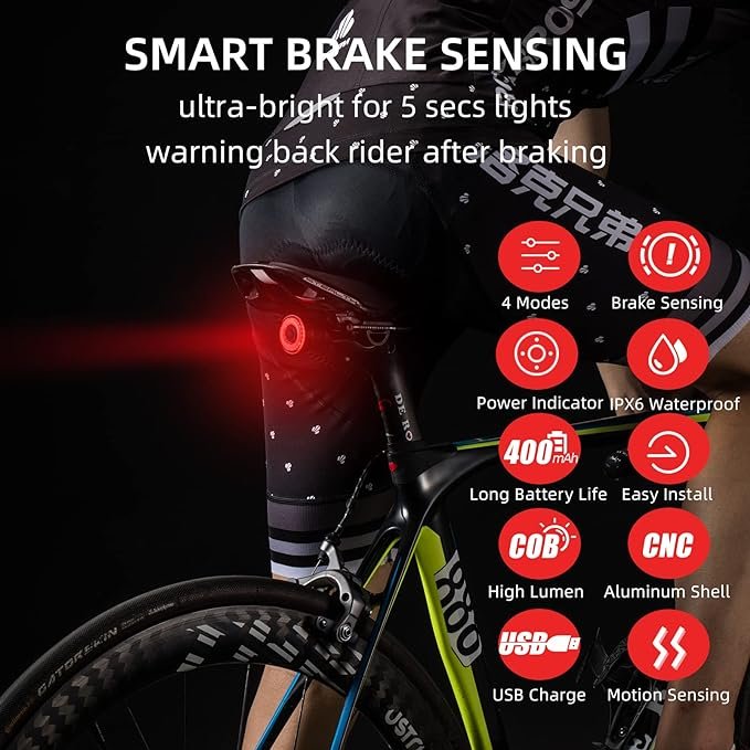 SeeMoreSmart Brake Sensing Rechargeable Bicycle Rear Lights Back Light Taillight Bike Tail Light