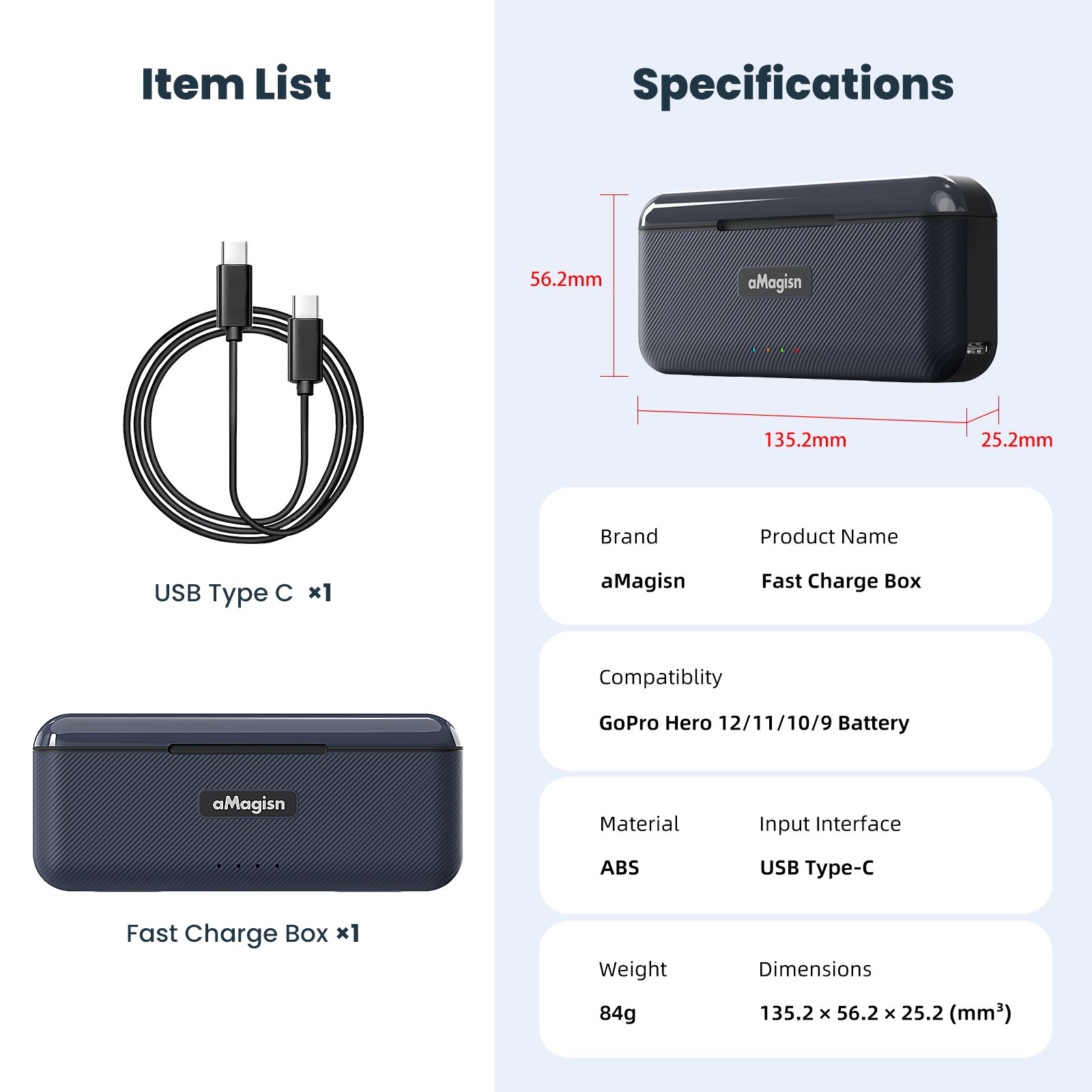 aMagisn Portable Fast Charge Box for GoPro Hero 12/11/10/9 Battery Charger 3 Slots Charging Box Accessories
