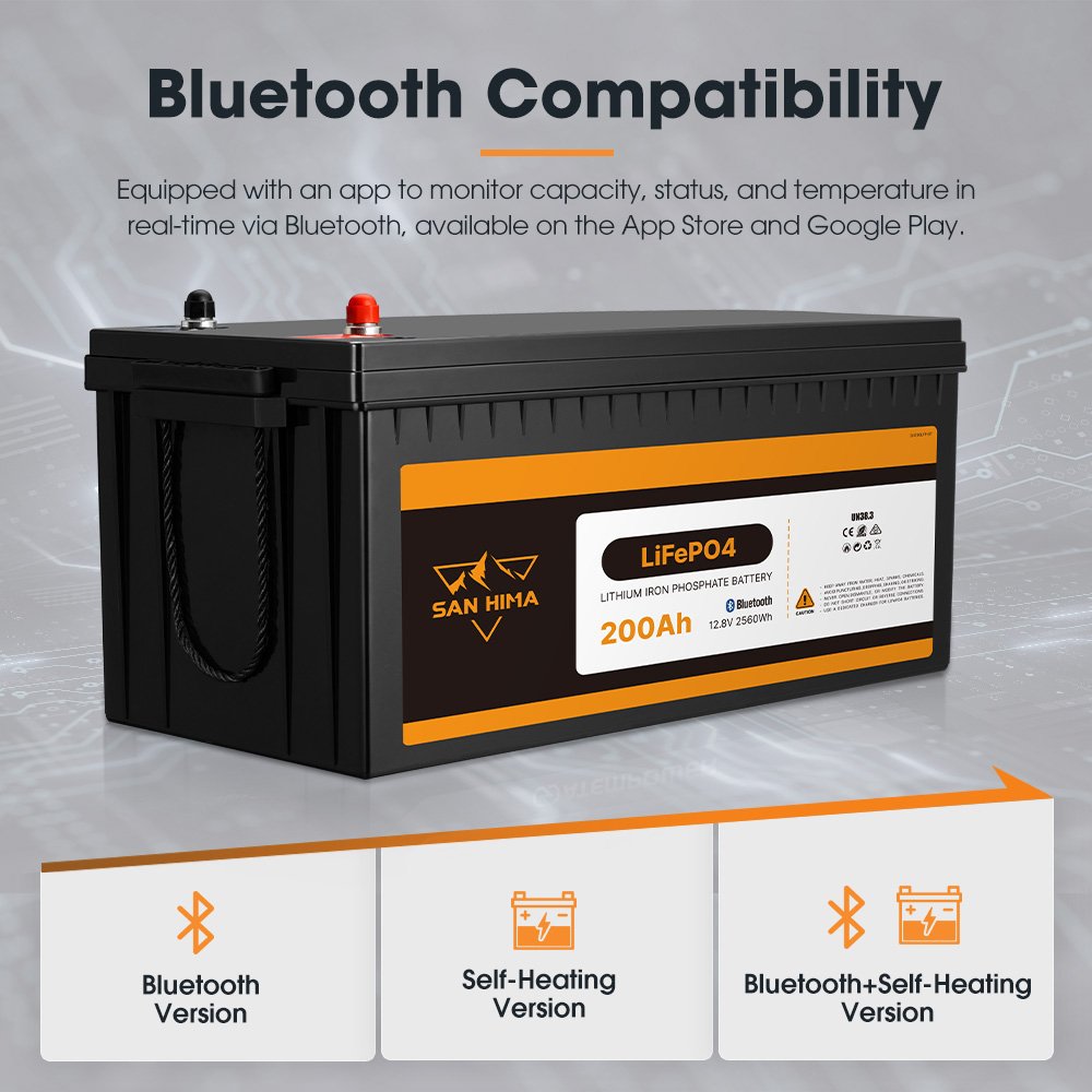 SAN HIMA Rechargeable Blue-tooth Control 12V 200Ah LiFePO4 Lithium Iron Battery With Fire-Resistant Housing For RV Camping