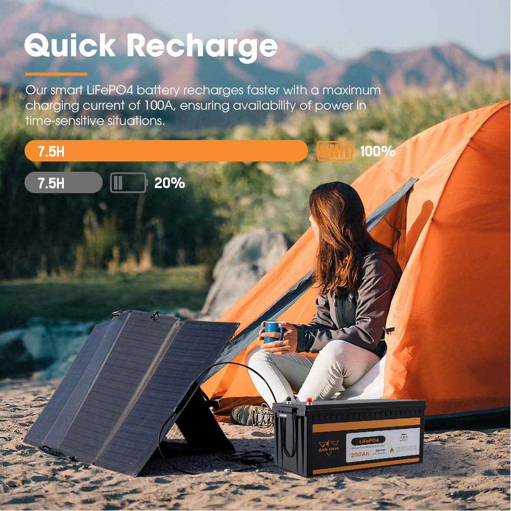 SAN HIMA Rechargeable Blue-tooth Control 12V 200Ah LiFePO4 Lithium Iron Battery With Fire-Resistant Housing For RV Camping