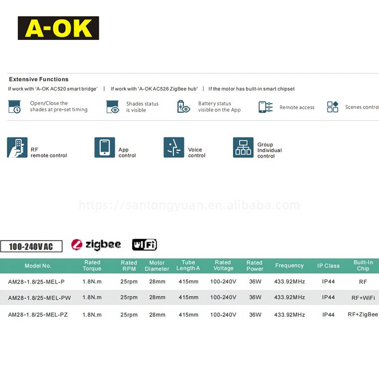 A-OK AM28-1.8/25-MEL-P AC Input Electronic Limit Radio Motorized Roller Blinds Shutter 28mm AOK Tubular Motor
