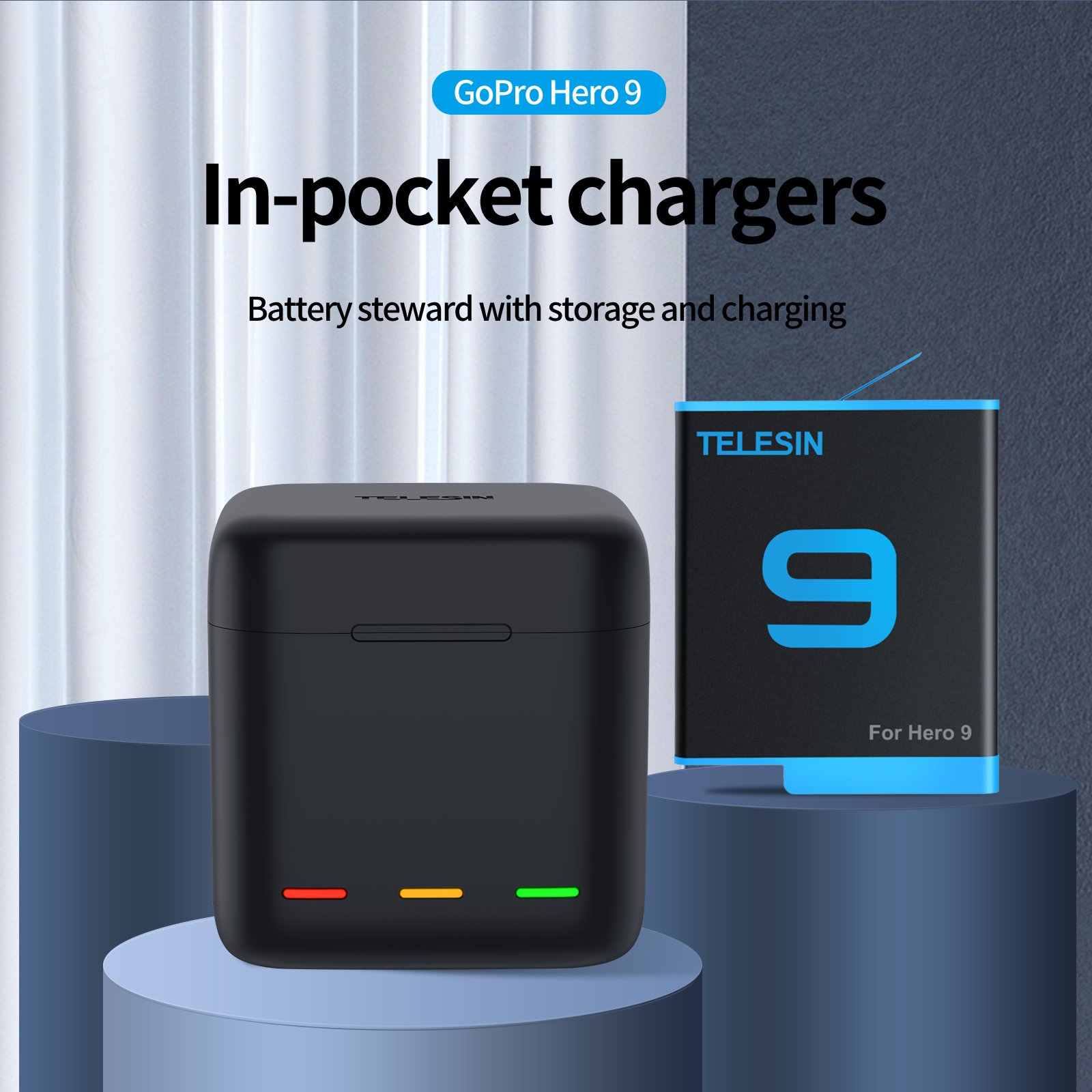 For GoPro Hero 11 Accessories Telesin Triple Storage Battery Charger Box for GoPro Hero 11/10/9 Cameras