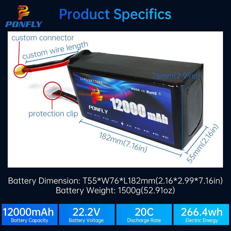PONFLY 12000mAh 6S1P 22.2V 22Ah 20C Transporting Drone Lipo Battery For Agriculture UAV Drone Accessory RC Multicopter