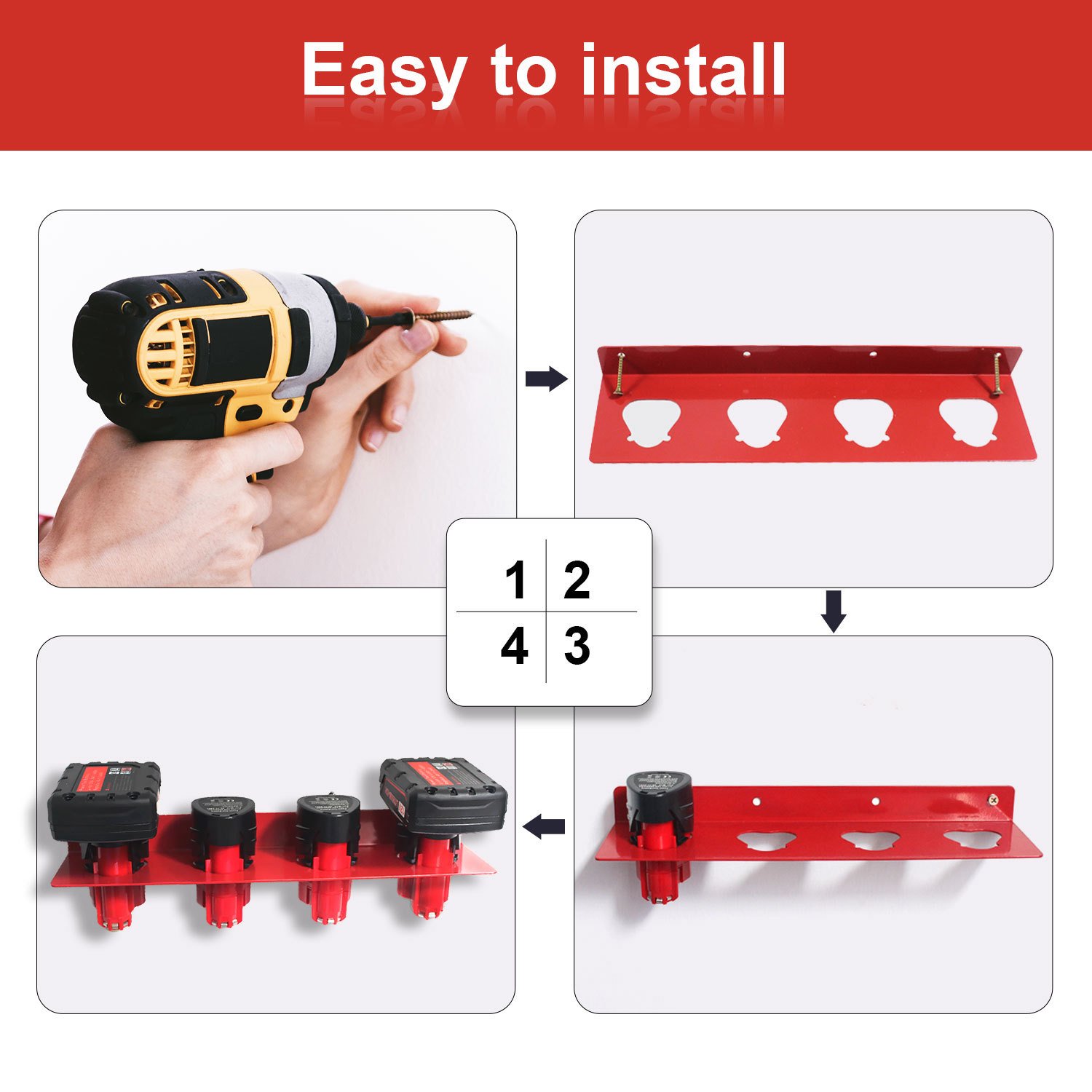 High Quality 4 Pack In 1 Aluminum Alloy Battery Holder Lithium Power Tool Battery Storage hang Rack For Milwaukee M12V Battery