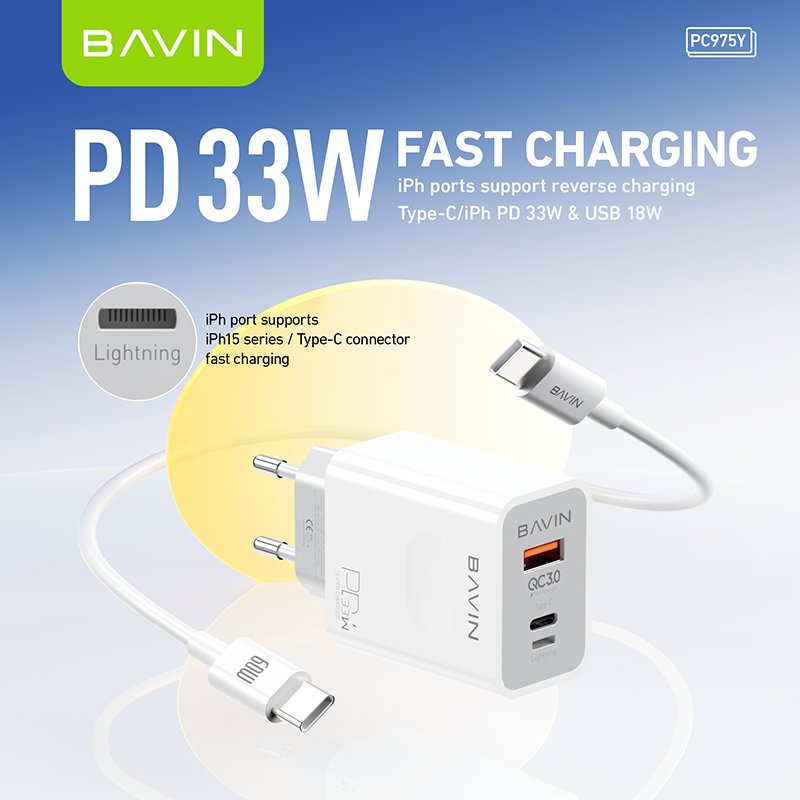 BAVIN wholesale PC975Y EU US UK QC3.0 PD 33w usb c wall mobile phone fast charging charger for cell phone