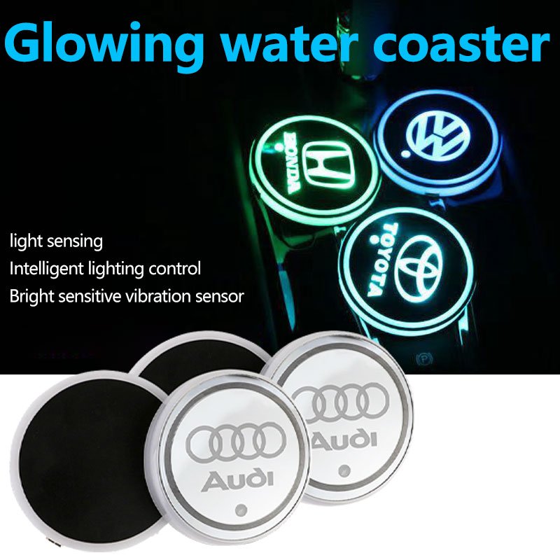 Car Logo LED Water Drink Bottle Cup Mat USB Rechargeable Intelligent Colorful Luminous Coaster RGB colorful