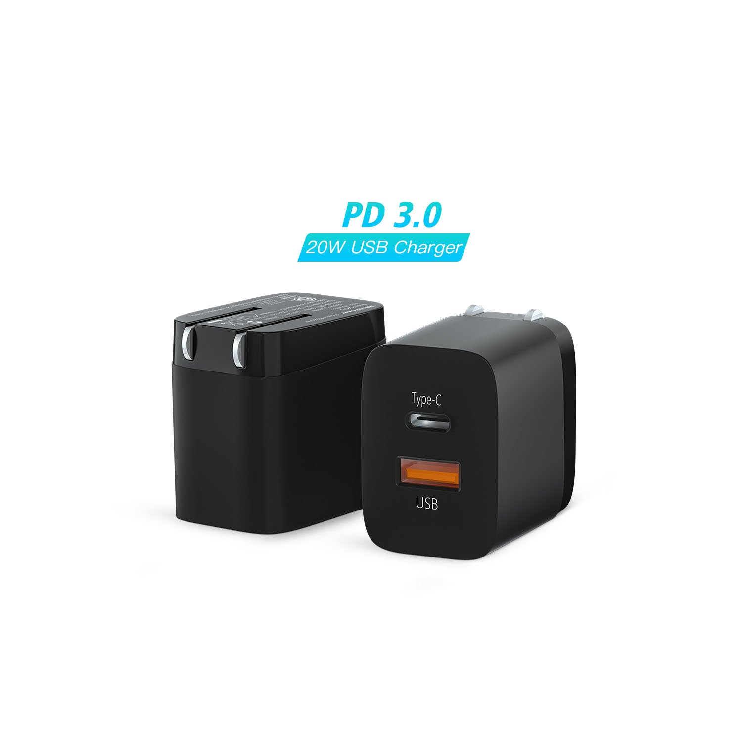 Manufacturer OEM ODM 20W 1 USB A 1 Type C Travel Phone Accessories Portable PD QC Fast Wall Battery Charger Power Supply Adapter