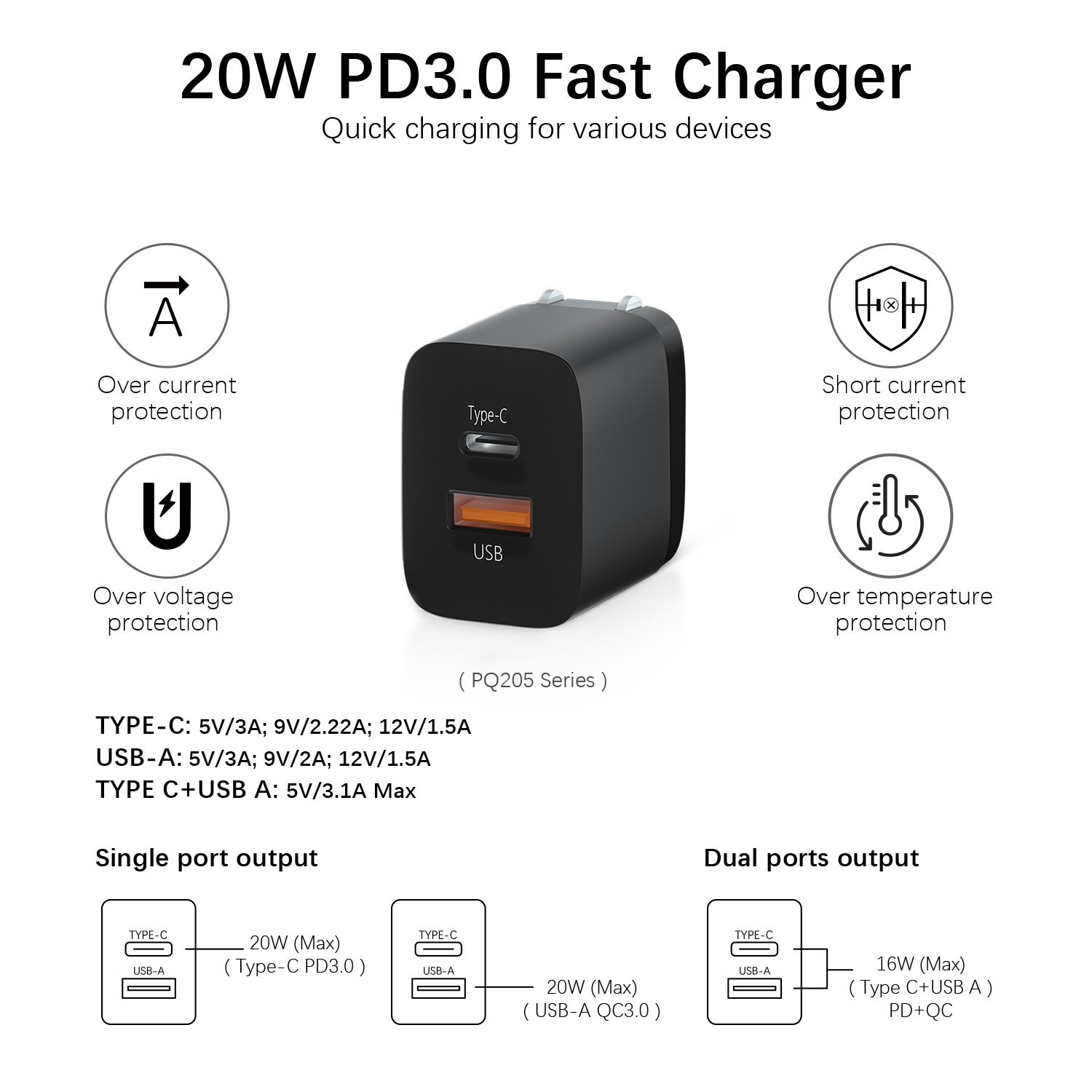 Manufacturer OEM ODM 20W 1 USB A 1 Type C Travel Phone Accessories Portable PD QC Fast Wall Battery Charger Power Supply Adapter