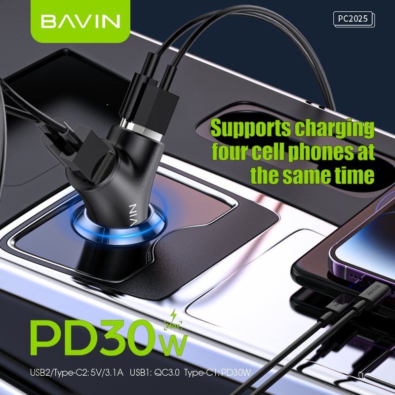 BAVIN factory wholesale PC2025 pd 30w qc fast charging mini size dual type usb c car charger for car