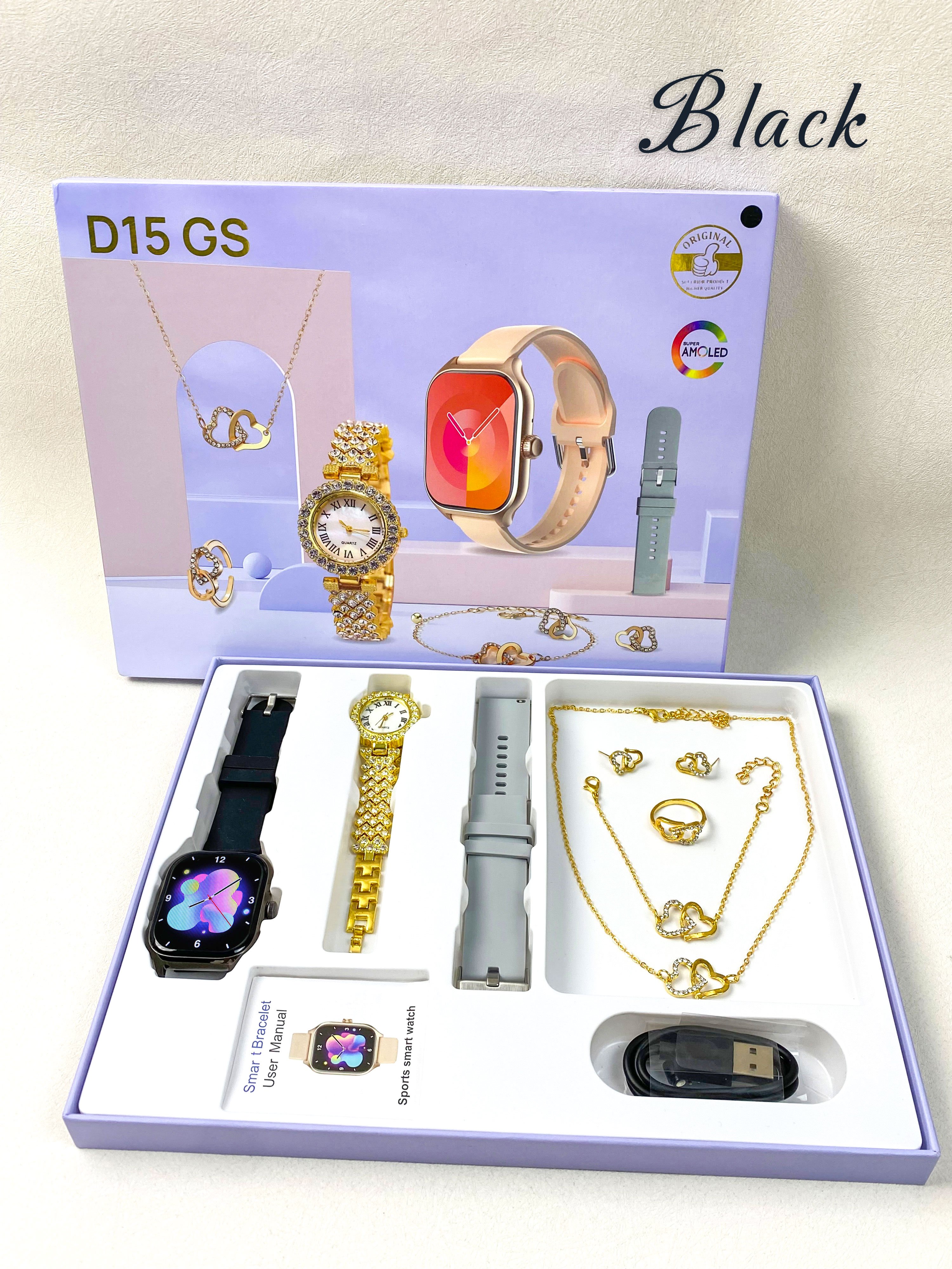 OEM luxury watch gift box for women 6 in1 D15 GS heart rate blood pressure accessories necklace earrings ring custom watch