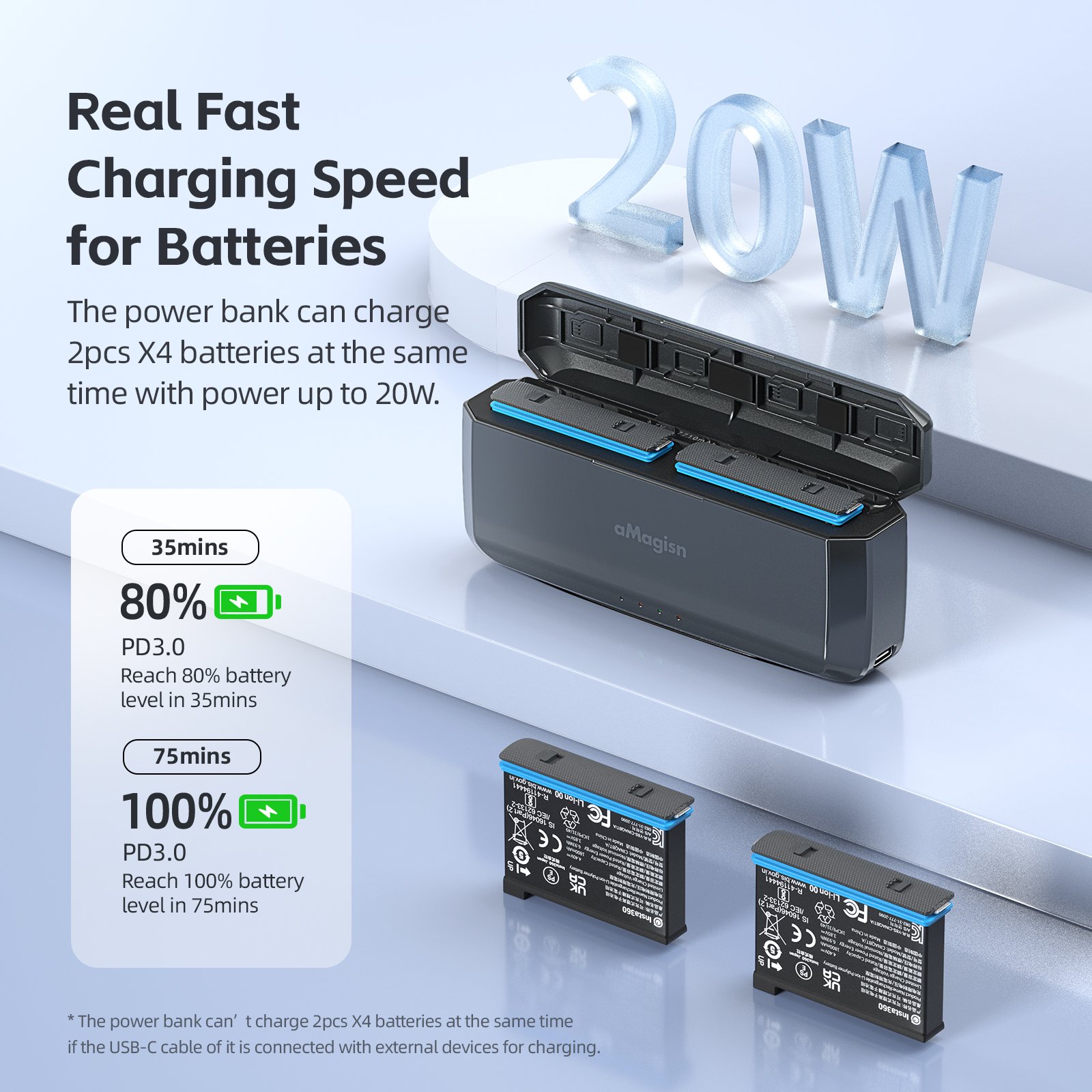 aMagisn Fast Charging Power Bank for Insta360 X4 Battery Fast Charge Box Accessories for Camera & Smart Phone with 7710mAh