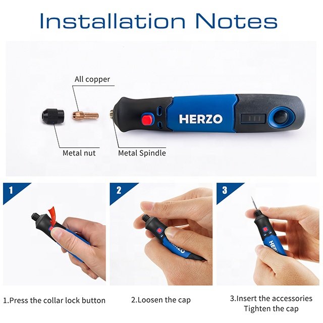 HERZO Mini Rotary Tool 3.7V Cordless Mini Drill with USB Li-ion Battery for Grinding Engraving Drilling Includes Accessories