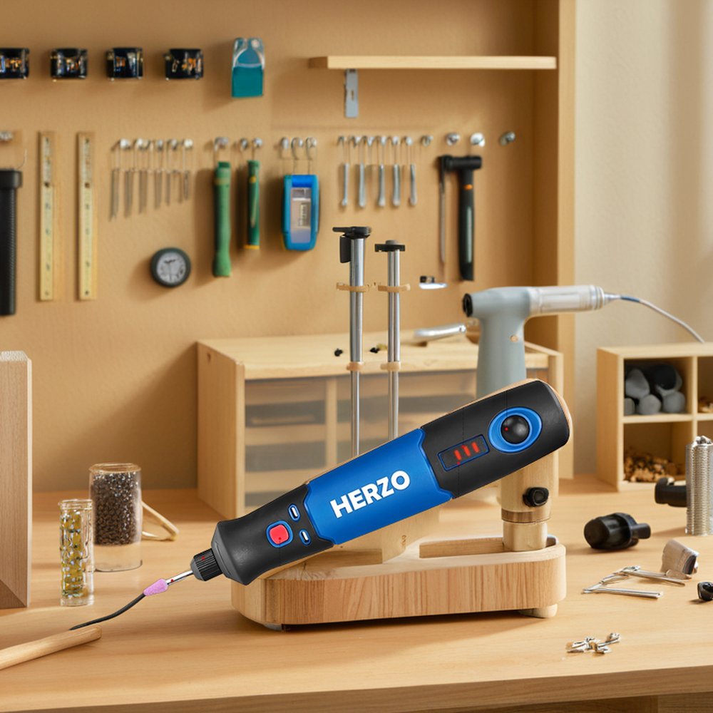 HERZO Mini Rotary Tool 3.7V Cordless Mini Drill with USB Li-ion Battery for Grinding Engraving Drilling Includes Accessories