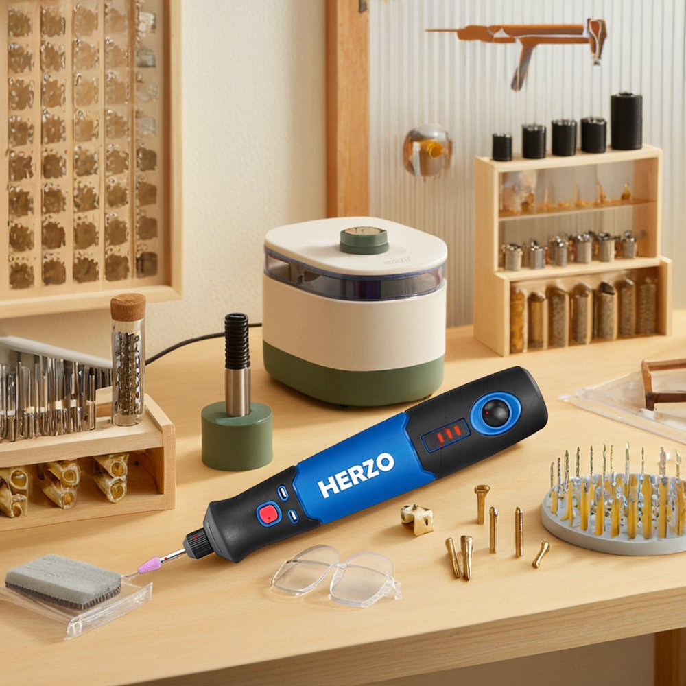 HERZO Mini Rotary Tool 3.7V Cordless Mini Drill with USB Li-ion Battery for Grinding Engraving Drilling Includes Accessories