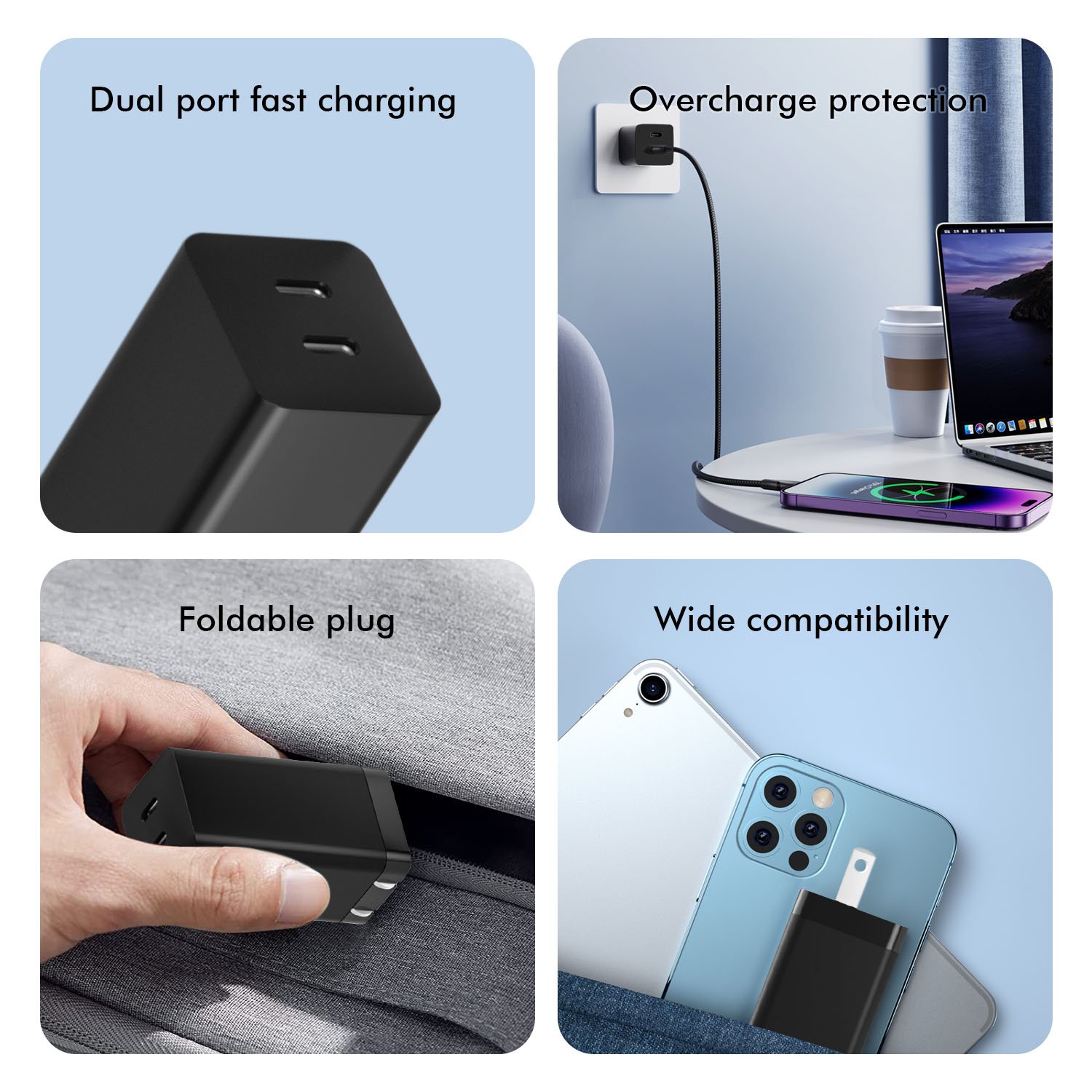 China Factory 45W Dual Type-C PD Fast Phone Accessories Electronic Trending Smart Battery GaN Wall Charger Power Supply Adapter