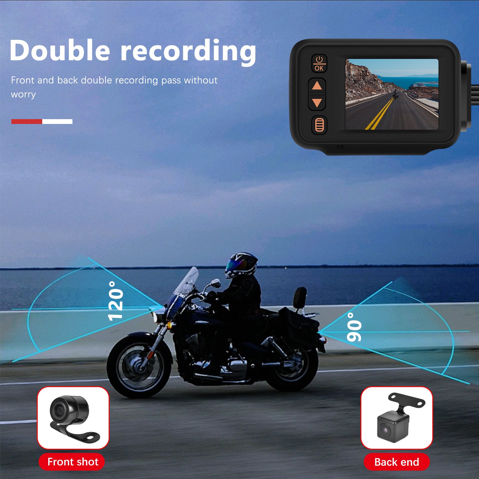 Podofo Dash Cam Full HD 1080P 2" Dual Lens Driving Recorder Front and Rear View Car DVR Night Vision for Motorcycle+32G&Camera