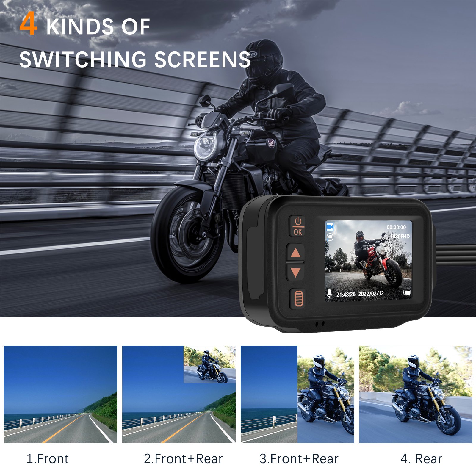 Podofo Dash Cam Full HD 1080P 2" Dual Lens Driving Recorder Front and Rear View Car DVR Night Vision for Motorcycle+32G&Camera