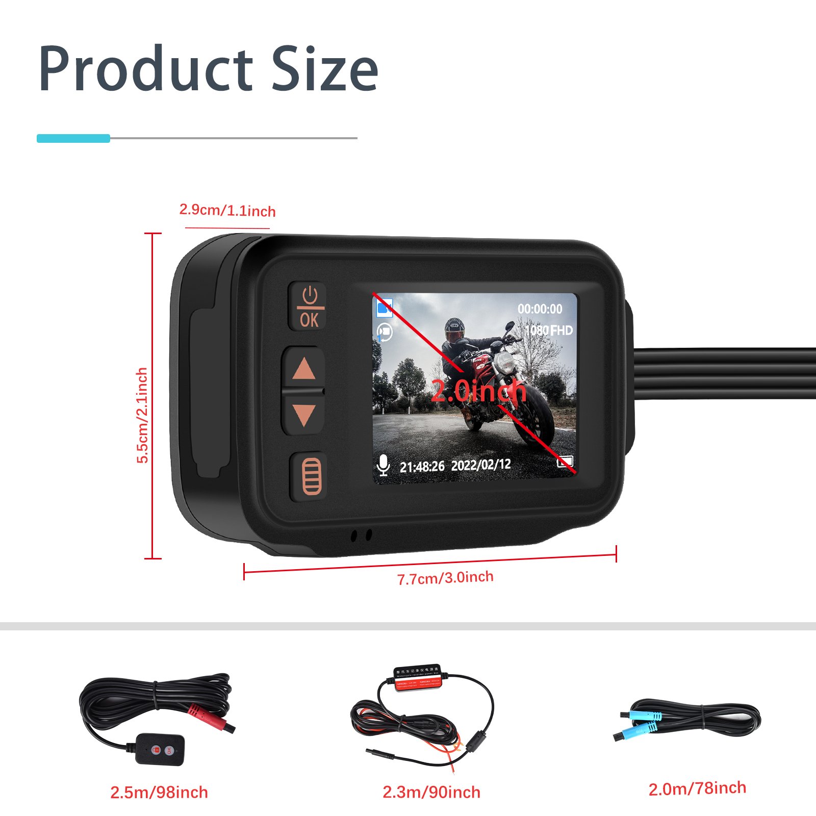 Podofo Dash Cam Full HD 1080P 2" Dual Lens Driving Recorder Front and Rear View Car DVR Night Vision for Motorcycle+32G&Camera