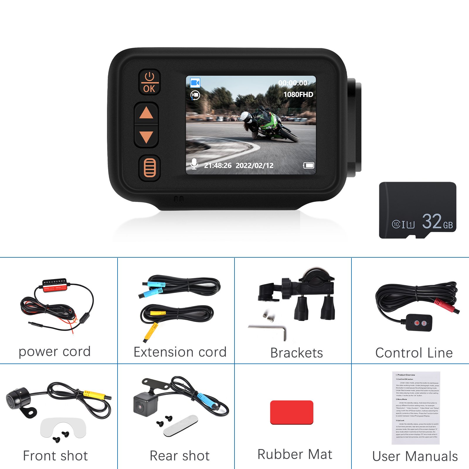 Podofo Dash Cam Full HD 1080P 2" Dual Lens Driving Recorder Front and Rear View Car DVR Night Vision for Motorcycle+32G&Camera