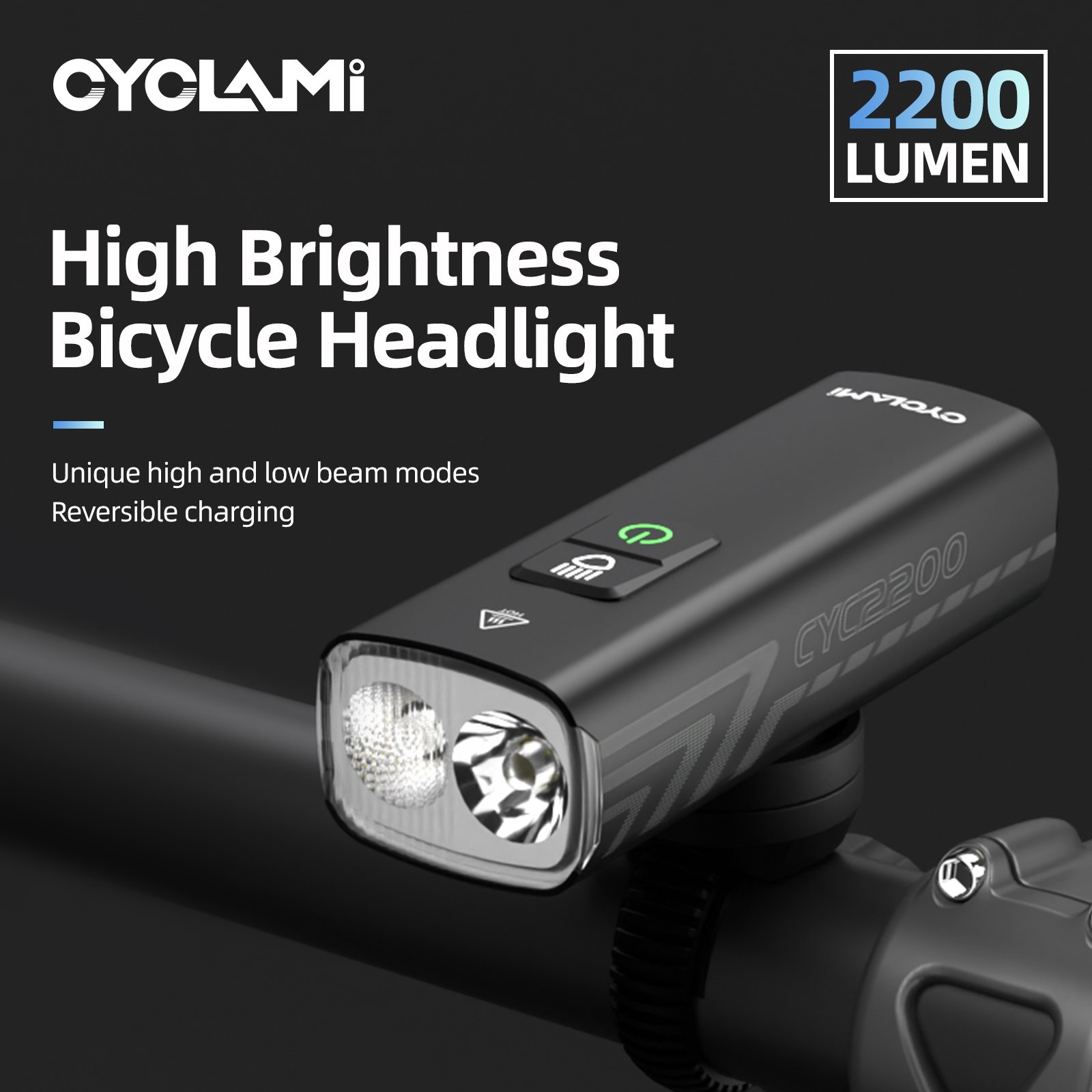 CYCLAMI 2200LM Bike Lights Bicycle Led Light Front Cycling Lights TYPE-C Rechargeable Power Bank Bike Accessories Flashlight