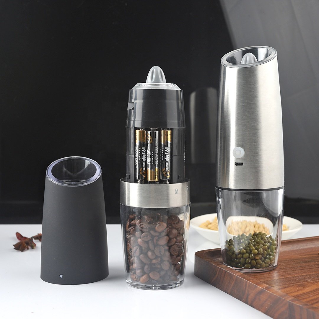 silver battery powered with LED light automatic operation stainless steel gravity electric mill pepper and salt grinder set