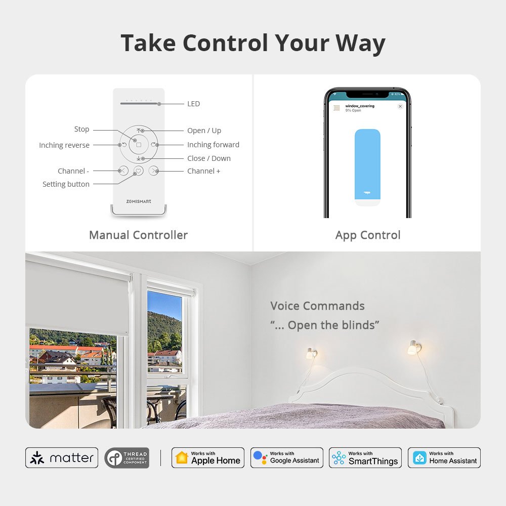 Zemismart Matter over Thread Built-in Battery Motor compatible with 17mm/28mm Tubes HomeKit Google Home App Siri Control