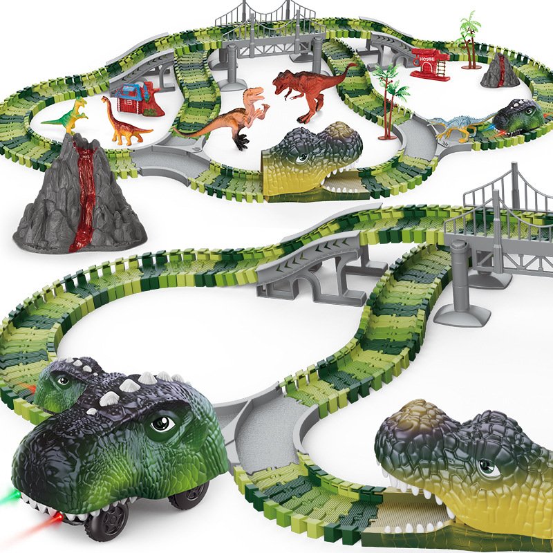 Dinosaur Track with Flexible Tracks, LED Car, and Volcano - Interactive Dino World Toy Set for Kids