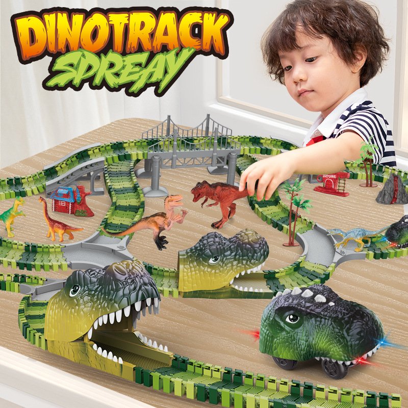 Dinosaur Track with Flexible Tracks, LED Car, and Volcano - Interactive Dino World Toy Set for Kids