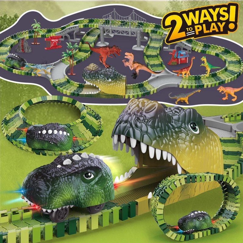 Dinosaur Track with Flexible Tracks, LED Car, and Volcano - Interactive Dino World Toy Set for Kids