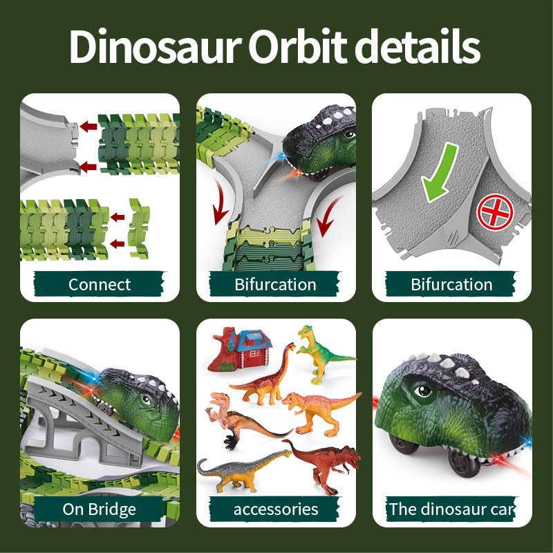 Dinosaur Track with Flexible Tracks, LED Car, and Volcano - Interactive Dino World Toy Set for Kids