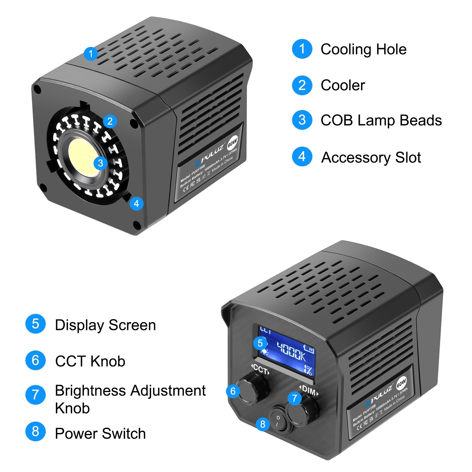 PULUZ 60W Studio Video Light 2500K-6500K Dual Color Temperature Professional Photography Fill Light (Black)