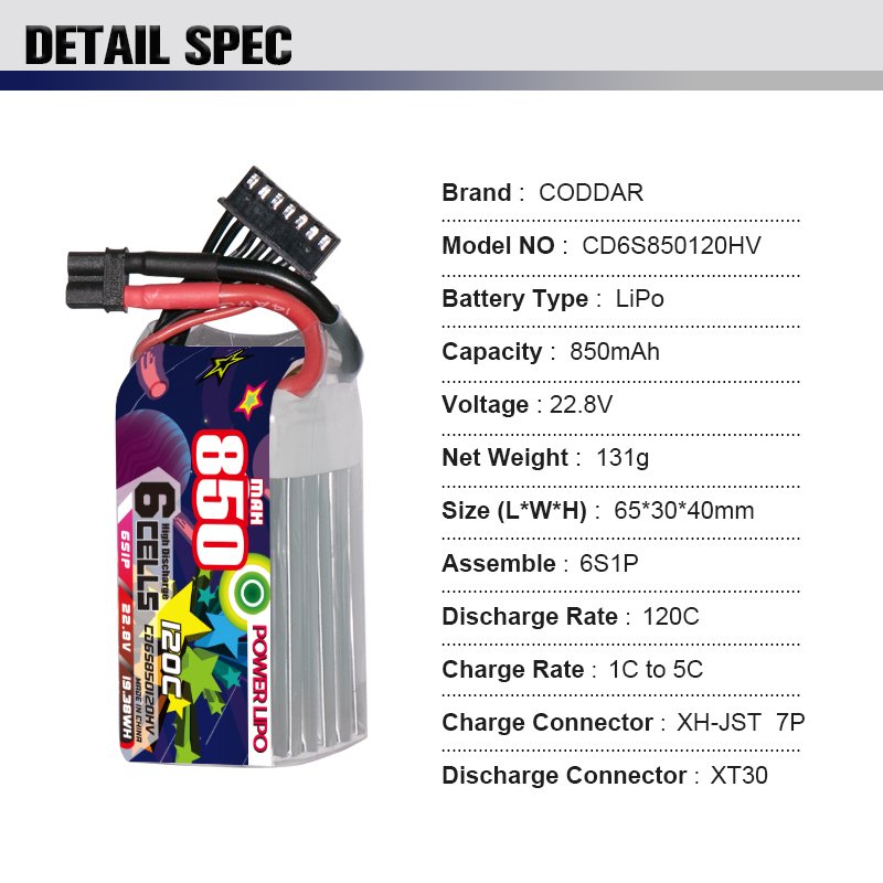 CODDAR RC LiPo Battery 6S 850MAH 22.8V HV 120C XT30 FPV Freestyle Drone Helicopter RC Racing Packs