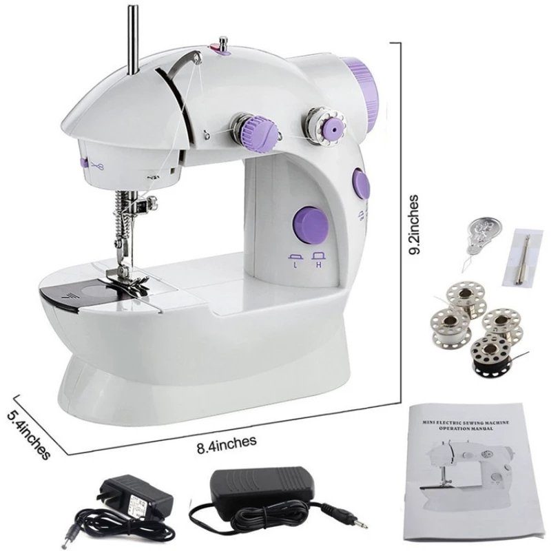 Mini Sewing Machine Lightweight Household Night Light Hand Set of Two Lines Foot Electric Battery, Straight Manual