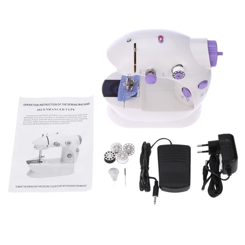 Mini Sewing Machine Lightweight Household Night Light Hand Set of Two Lines Foot Electric Battery, Straight Manual