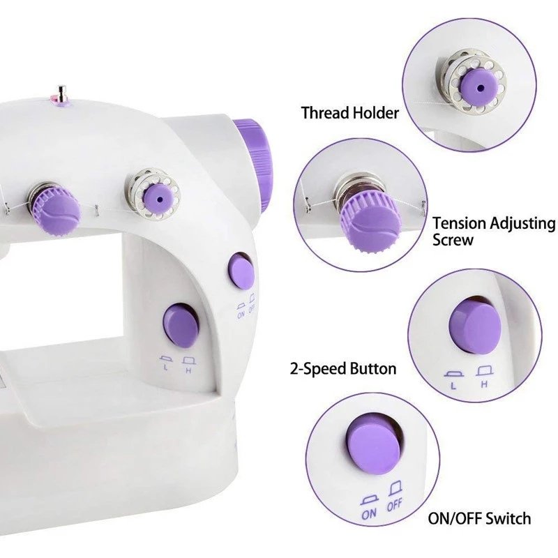 Mini Sewing Machine Lightweight Household Night Light Hand Set of Two Lines Foot Electric Battery, Straight Manual