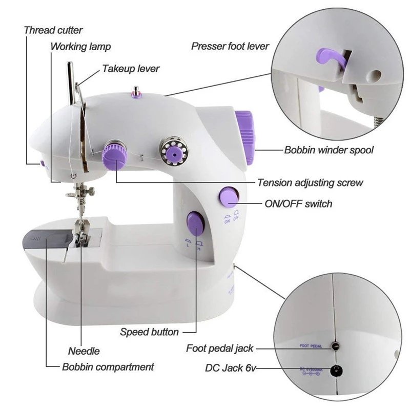 Mini Sewing Machine Lightweight Household Night Light Hand Set of Two Lines Foot Electric Battery, Straight Manual